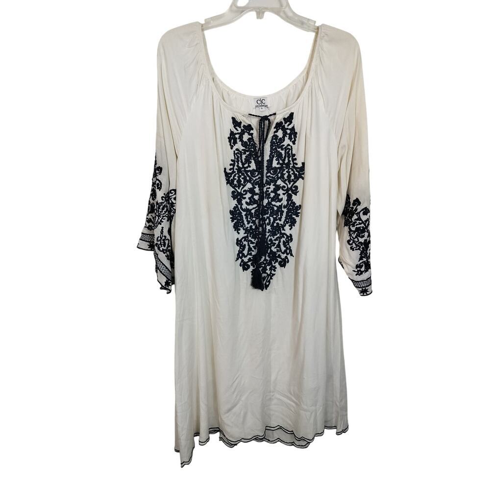 3631)Chic Connection Ivory Blue Embroidery 3/4 Sleeve Boho Tunic Dress Large